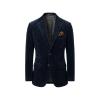 Product flat lay of the front of the Kouvr dark blue corduroy blazer, displaying its rich texture, two-button closure, and included pocket square.