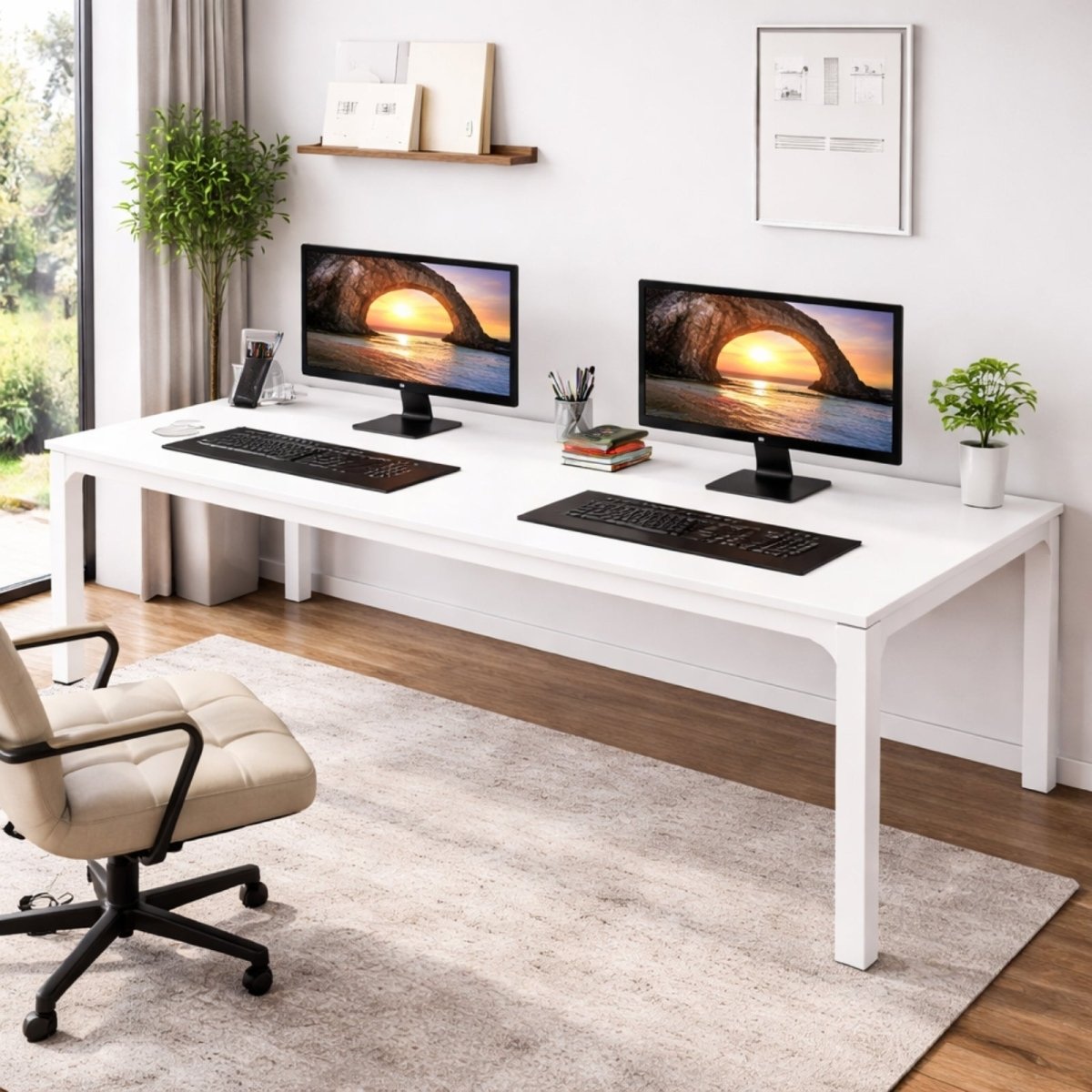 The Kouvr Grande 78-inch dual workstation desk in all-white, set for two with matching monitors in a bright, minimalist home office with a large window.