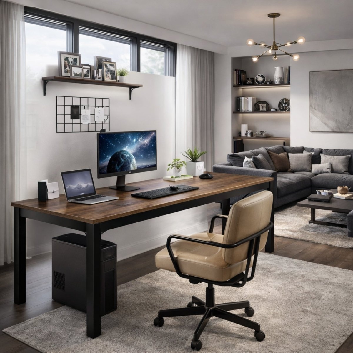 The Kouvr Grande 78-inch desk with a rustic wood top and black metal frame, shown as a single workstation with a monitor and laptop in a modern apartment.