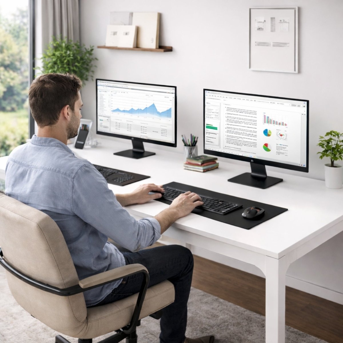 A professional working on charts and graphs at the Kouvr Grande 78-inch white desk, configured as a shared workspace with two computer setups.