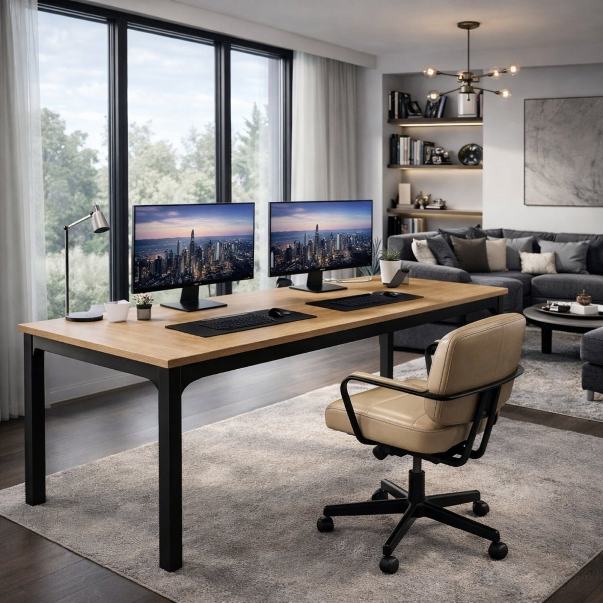 A front view of the Kouvr Grande dual workstation desk in wood and black, featuring two monitors displaying cityscapes in a luxury home office setting.