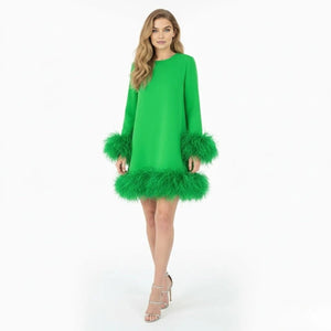 Feather Trim Mini Dress Long Sleeve Cocktail Party Dress | Ostrich Feather Cuff Shift Dress for Women Evening Holiday Wedding Guest by Kouvr Fashion Feather Trim Mini Dress Long Sleeve Cocktail Party Dress | Ostrich Feather Cuff Shift Dress for Women Evening Holiday Wedding Guest by Kouvr Fashion