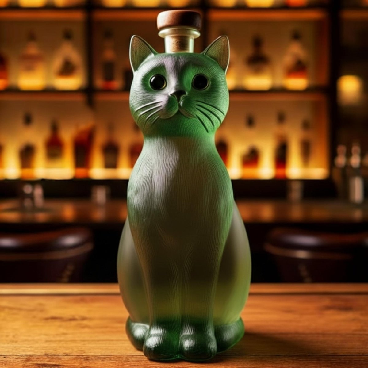 Front view of the elegant Kouvr cat-shaped liquor decanter, showing its detailed face and symmetrical posture on a wooden surface in a luxury bar setting.