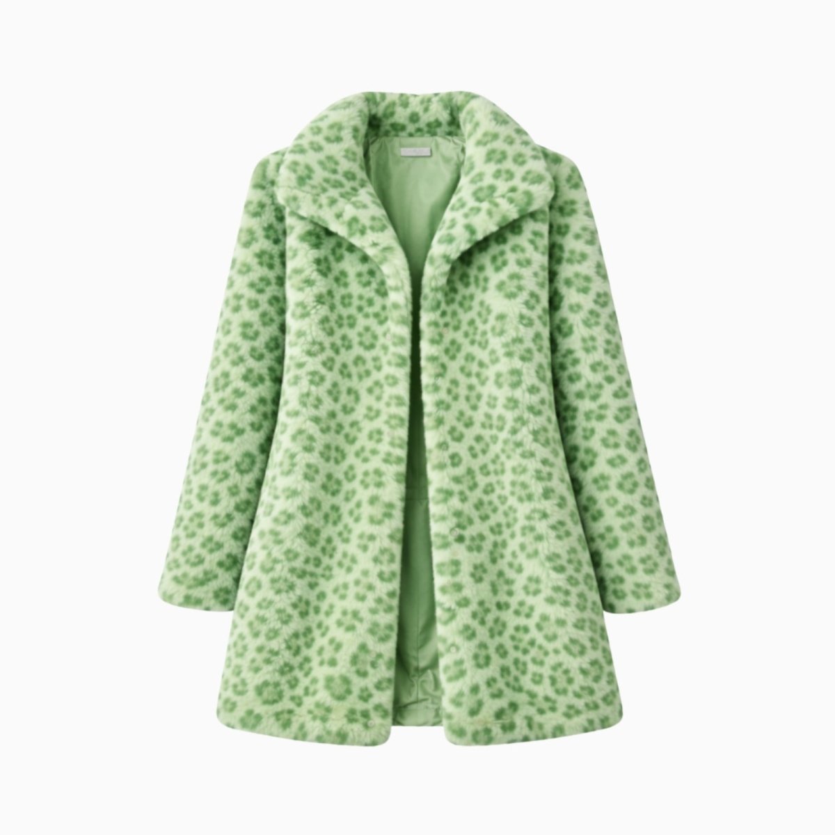 Product shot of the Kouvr green leopard print faux fur coat, open front view showing the notched lapels and soft texture.