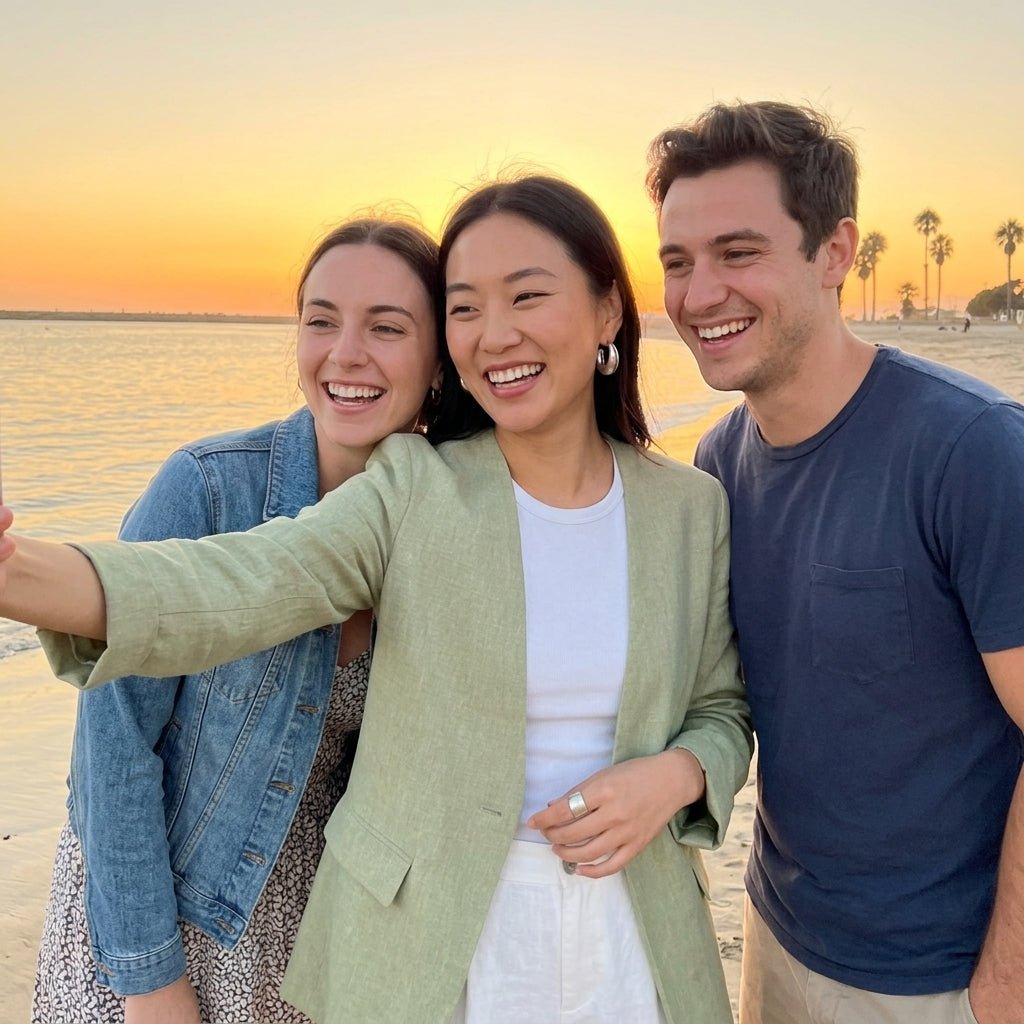 Woman wearing Kouvr green blazer over a white tee taking a selfie with friends at sunset