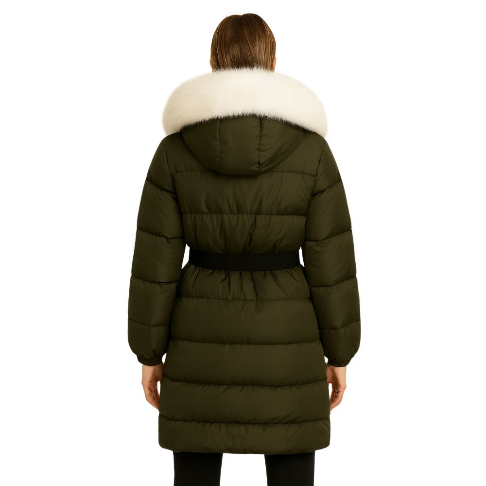 Model wearing Kouvr Fashion belted down puffer coat with oversized white fox fur hood