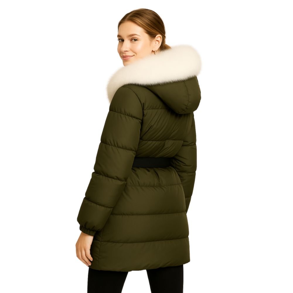Model wearing Kouvr Fashion belted down puffer coat with oversized white fox fur hood