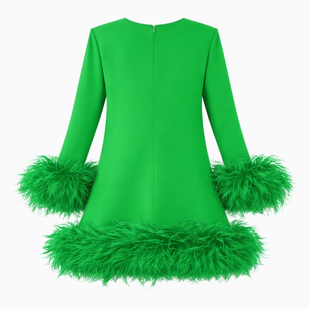 Flat lay of the back of the Kouvr green mini dress, showing the concealed zipper detail and A-line shape.