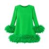 Product-only photo of the Kouvr green mini dress with ostrich feather trim laid flat to show the full design and vibrant color.