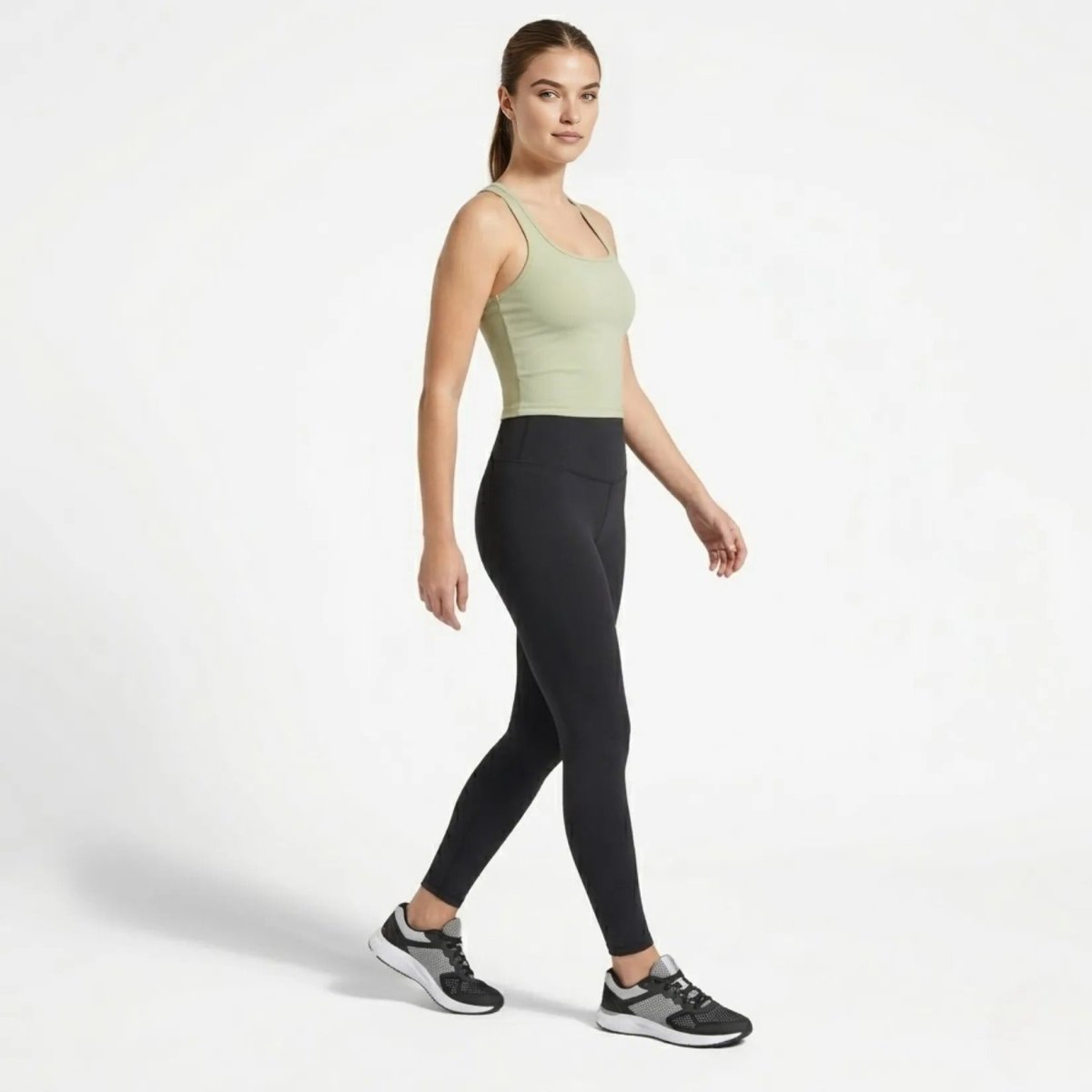 Side profile of active woman in Kouvr green compression crop top and black leggings, highlighting form-fitting silhouette.