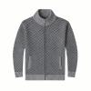 Flatlay product photo of the Kouvr men's grey diamond knit cardigan, showing the full-zip front and pocket details.