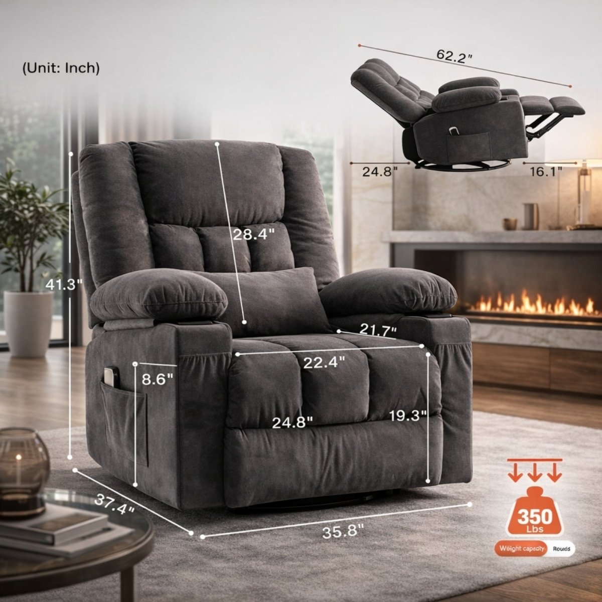 The Kouvr Serenity recliner in a cozy fireplace setting with overlay dimensions showing seat width and height specifications.
