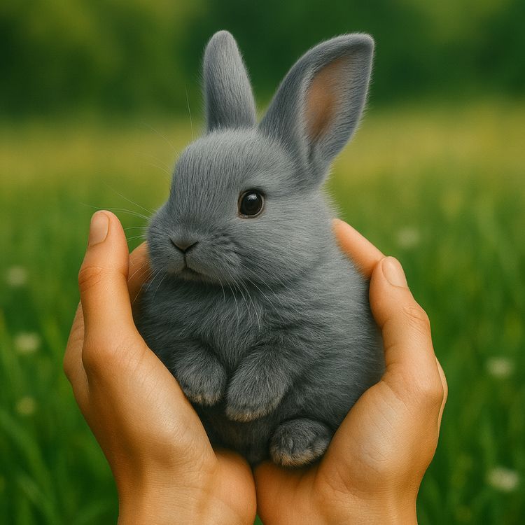 A small, fluffy, lifelike grey interactive robot bunny toy from Kouvr held gently in a person's hands in front of a green field with flowers.