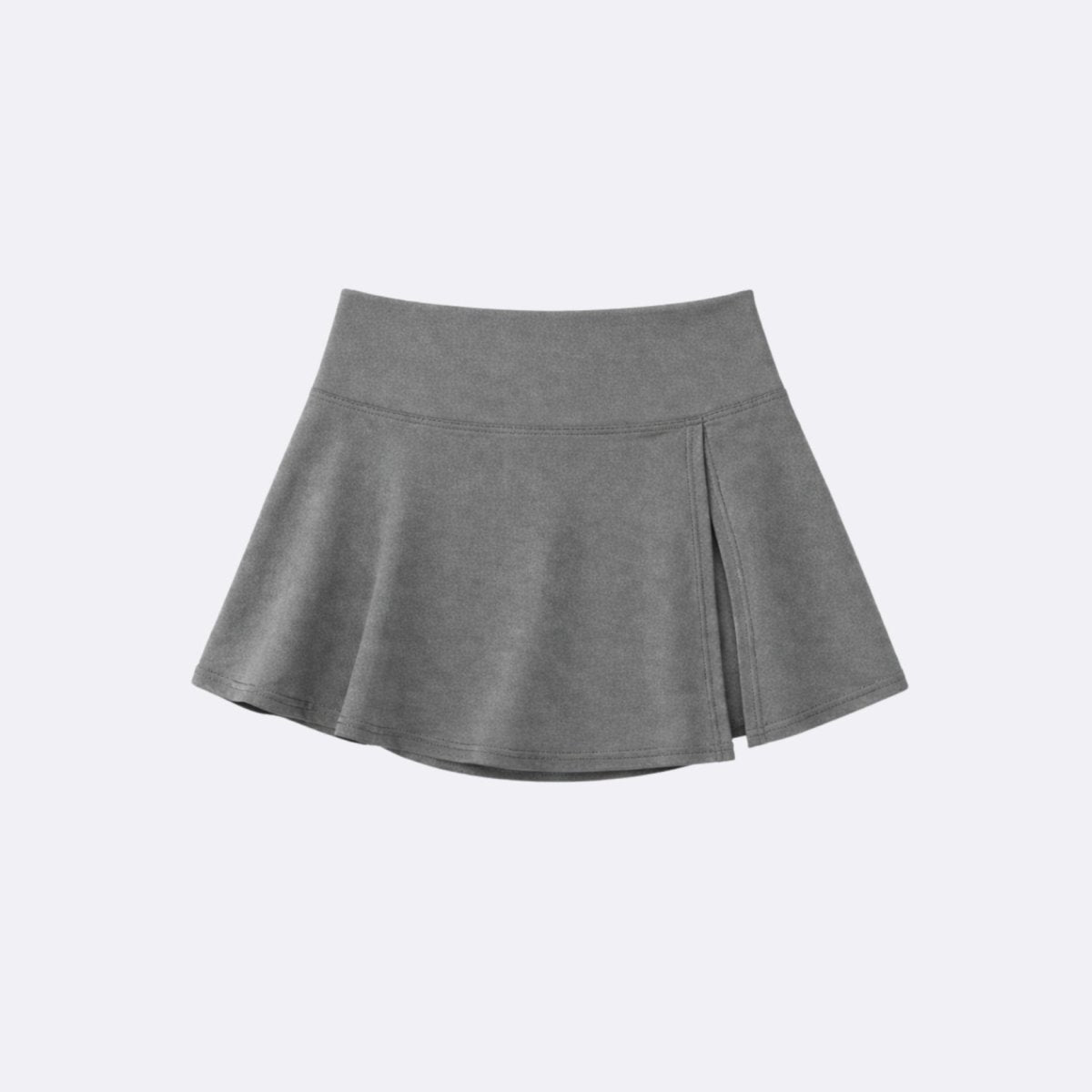  Front flat lay of premium high-waisted grey skort with asymmetric slit.