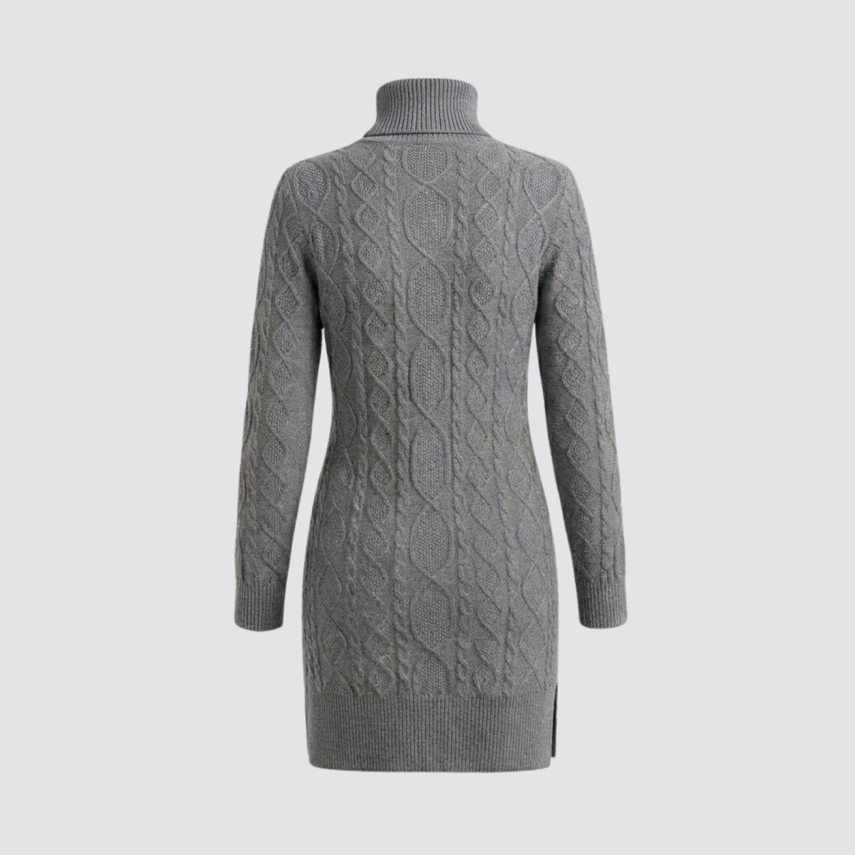 Detailed back view of the Kouvr grey winter sweater dress, focusing on the quality of the cable knit and ribbed turtleneck collar.