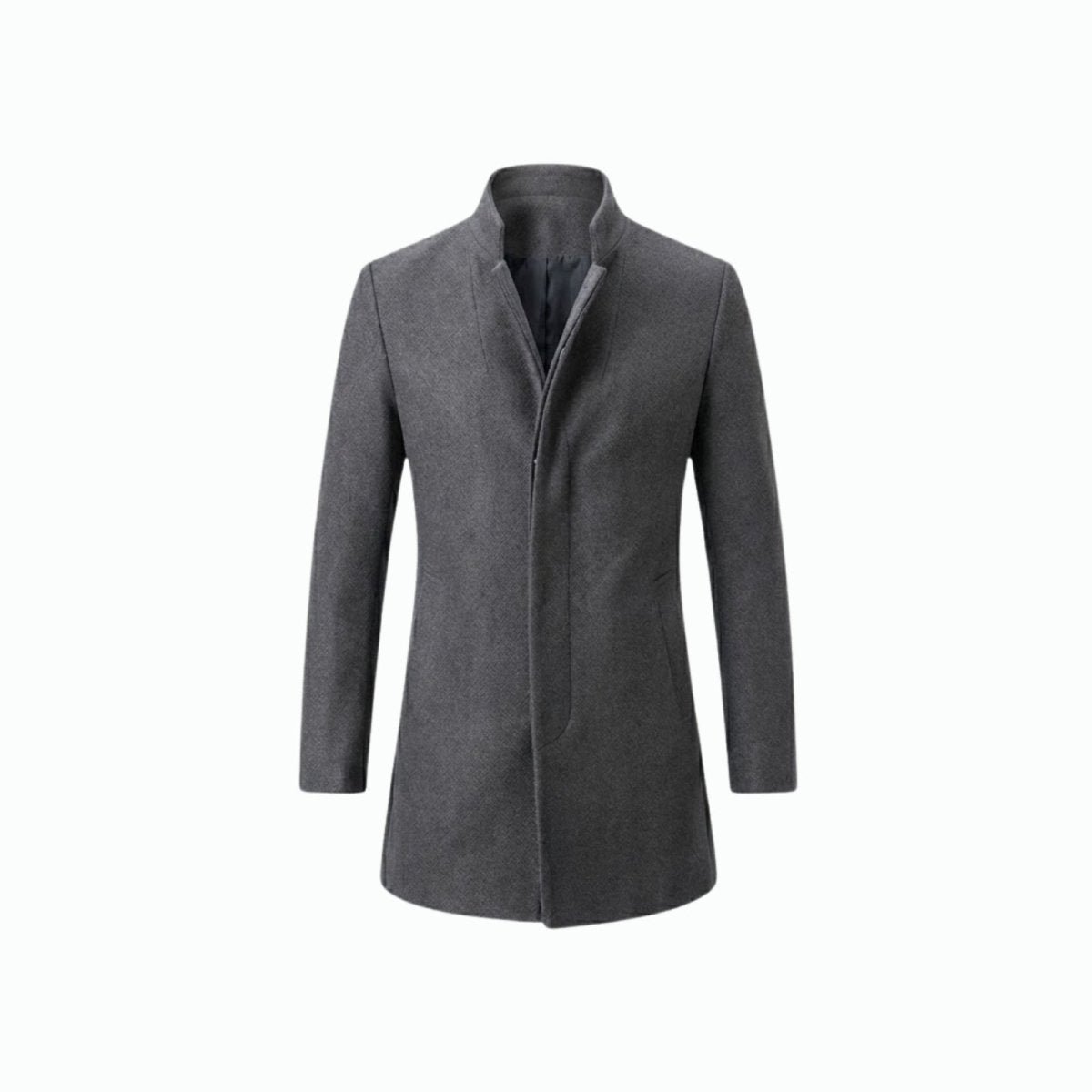 Product-only studio shot of the Kouvr Fashion men's grey stand collar wool overcoat, laid flat to show its shape and button details.
 