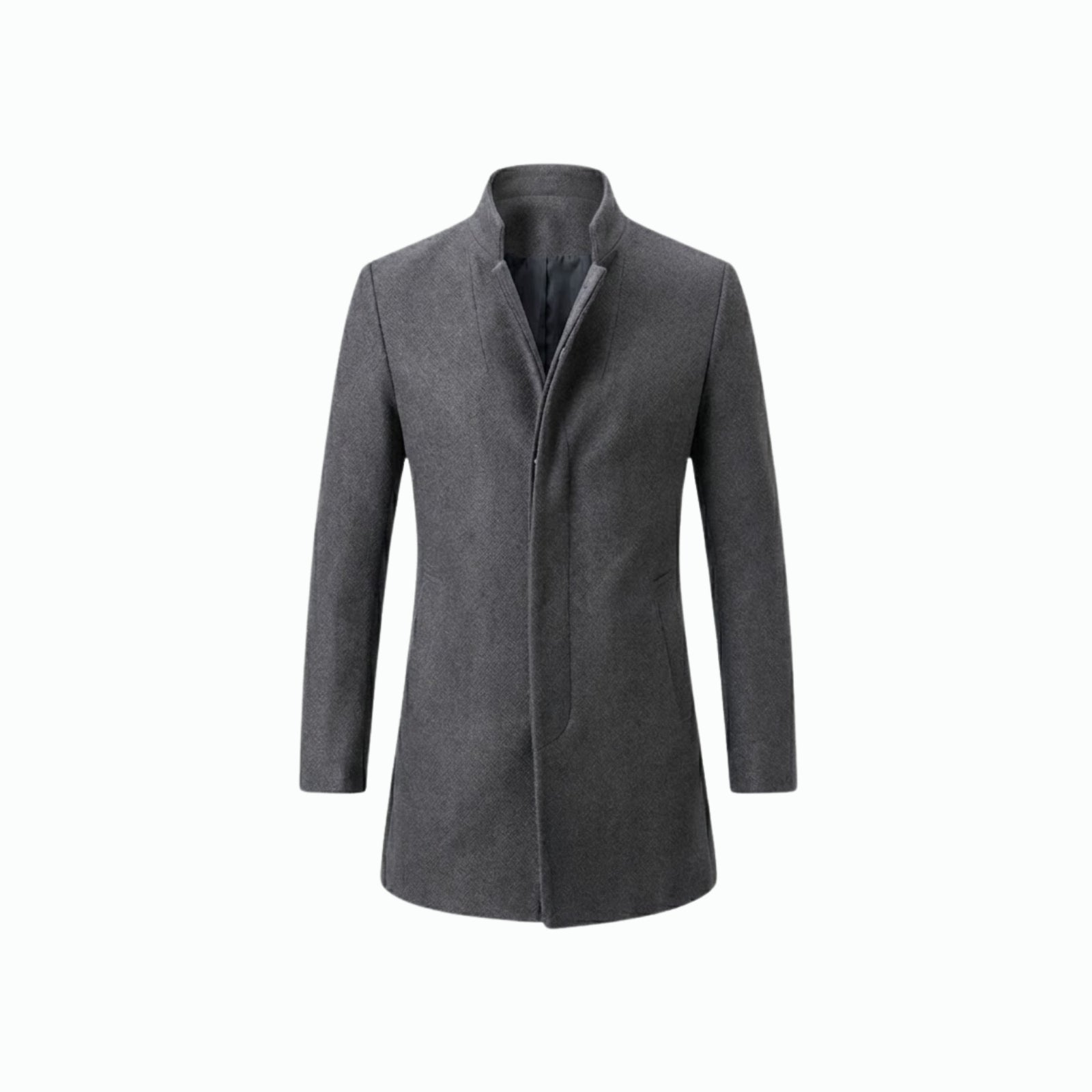 Product-only studio shot of the Kouvr Fashion men's grey stand collar wool overcoat, laid flat to show its shape and button details.
 