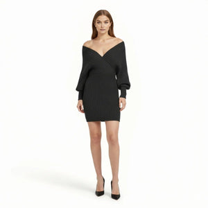 Off-Shoulder Ribbed Knit Mini Dress | Long Sleeve Bodycon Sweater Dress | Elegant Surplice Bardot Date Night Cocktail Dress by Kouvr Fashion Off-Shoulder Ribbed Knit Mini Dress | Long Sleeve Bodycon Sweater Dress | Elegant Surplice Bardot Date Night Cocktail Dress by Kouvr Fashion