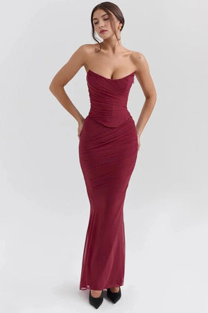 burgundy strapless dress Draped Mesh Maxi Dress by Kouvr Fashion