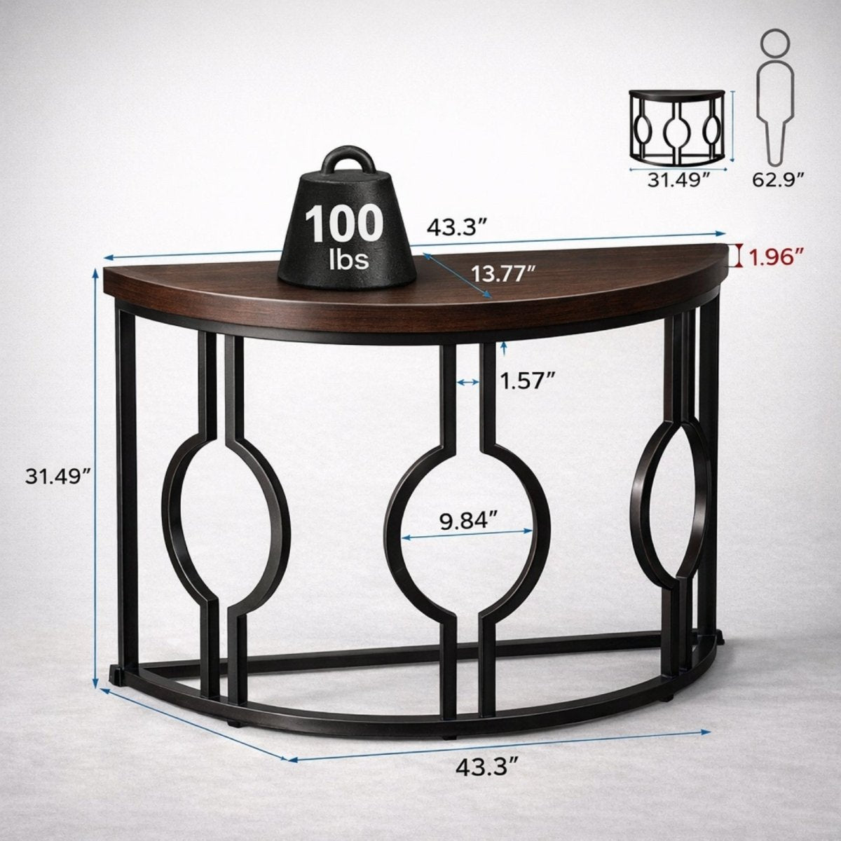 Dimension diagram of the Kouvr console table showing 43.3 inch width, 31.49 inch height, and 100 lb weight capacity.