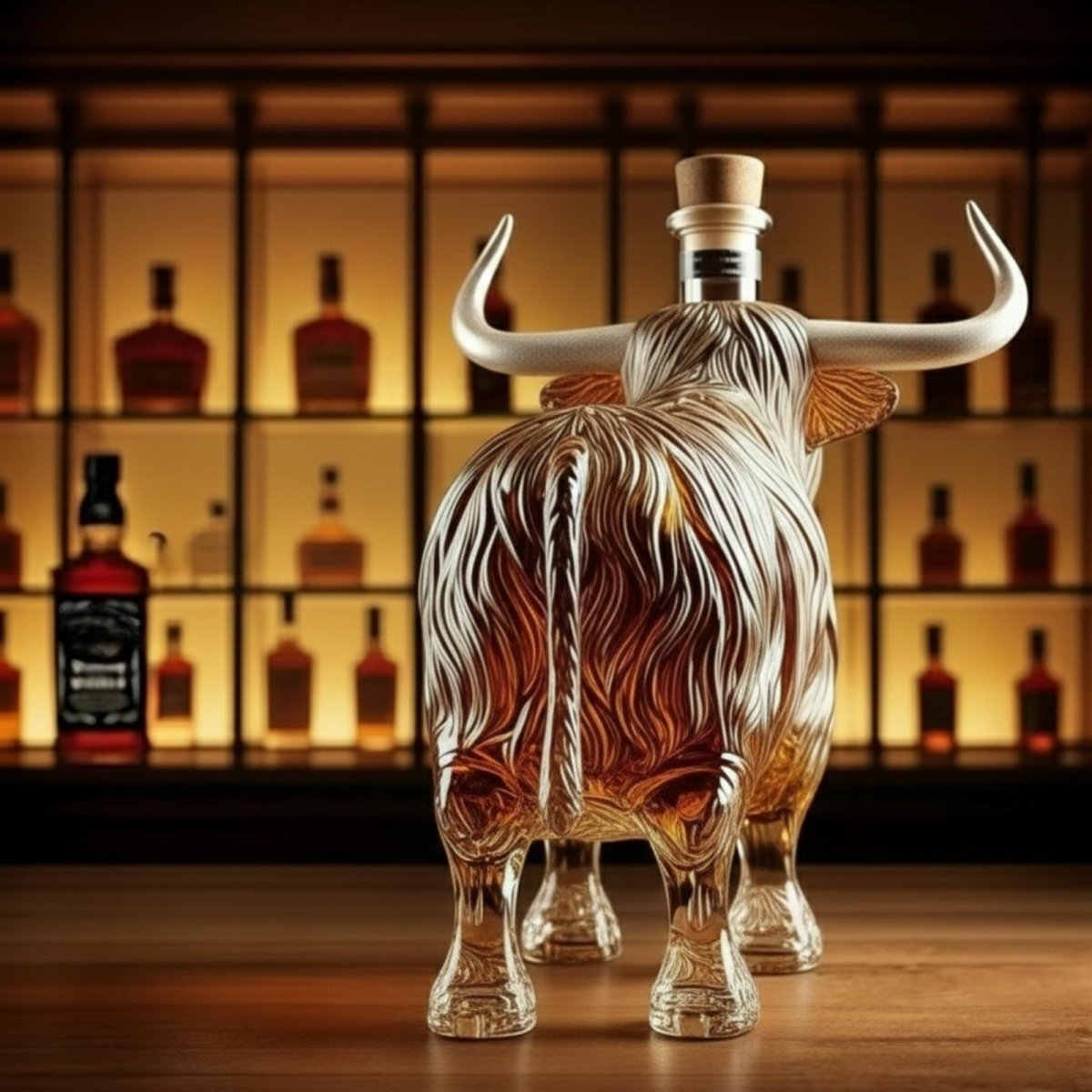 Rear view of the Kouvr handcrafted glass scotch decanter in the shape of a Highland Cow, displaying the texture and form of the unique barware piece.