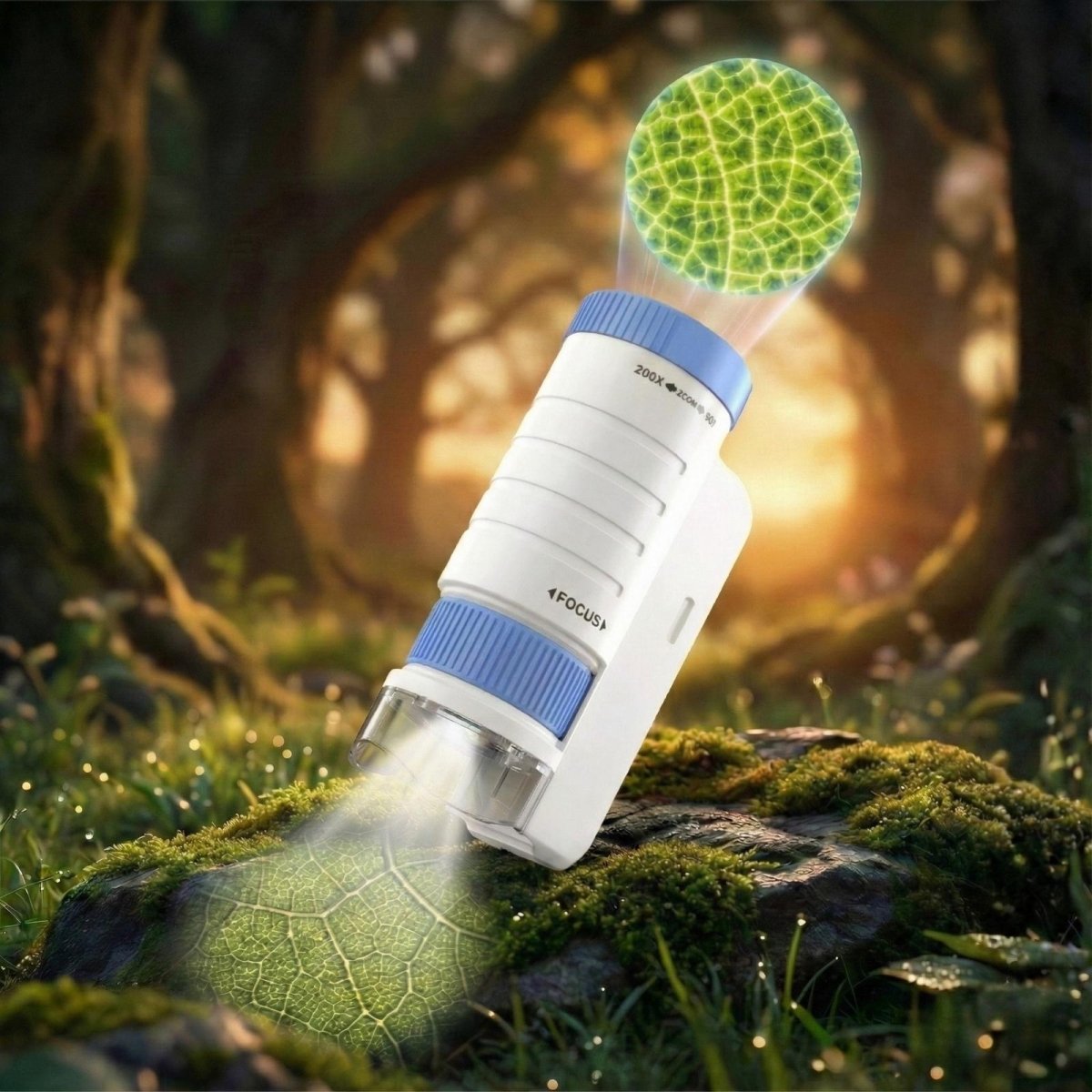 White and blue Kouvr portable kids microscope projecting a magnified image of a plant cell structure above a leaf on a mossy rock in an enchanted forest setting.