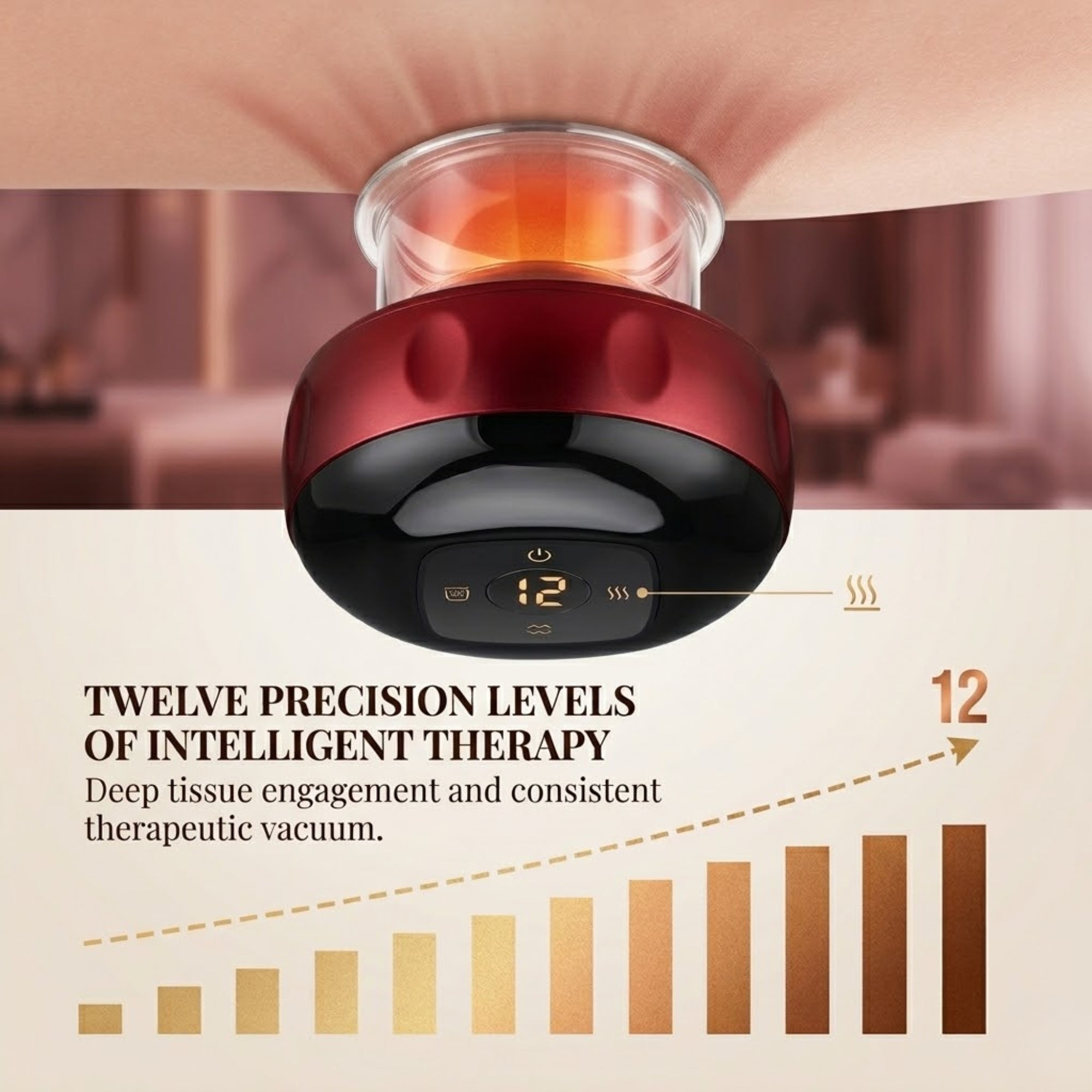 A close-up view of a woman's manicured finger pressing the master activation power button on the deep burgundy KOUVR haptic-feedback control console, highlighting the gold-rimmed digital interface, adaptive suction intelligence, and precision thermal adjustment markings.