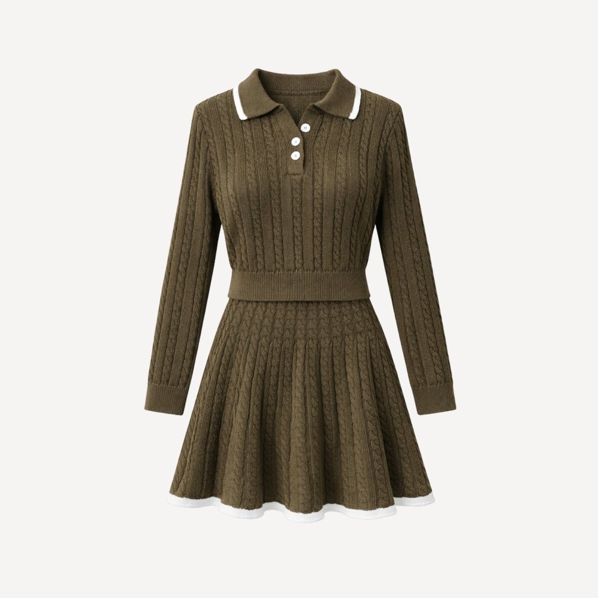 Flat lay of the Kouvr Harper cable knit polo dress in deep khaki, displaying the knit texture and white trim details.