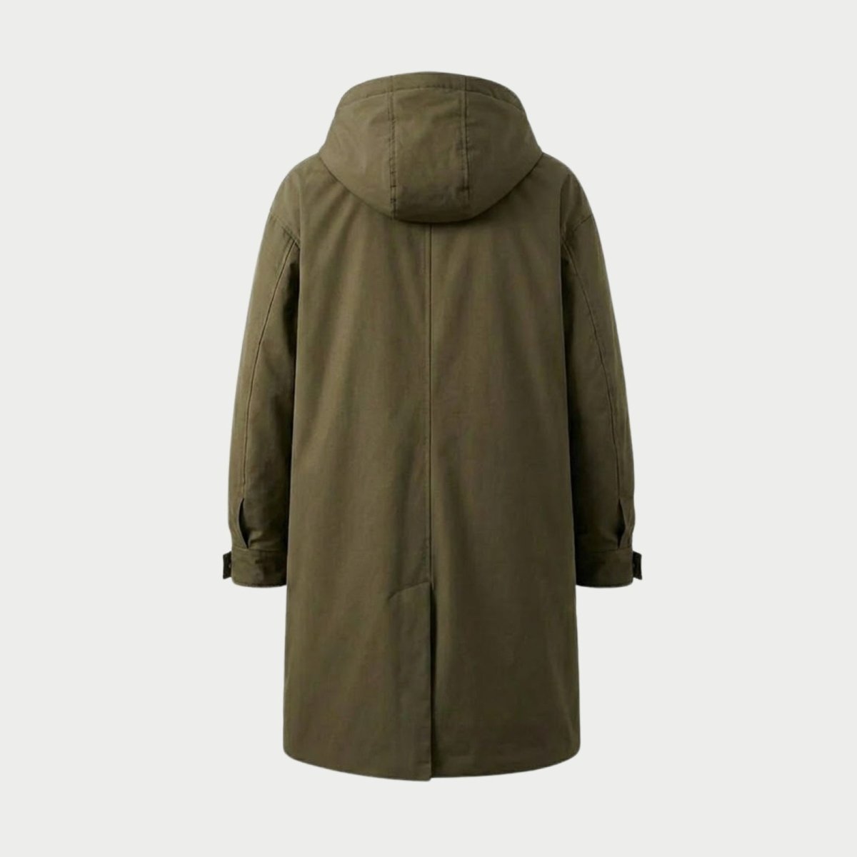 Flat lay studio shot from the back of the army green Kouvr Hartley parka, showing sleeve and cuff details.