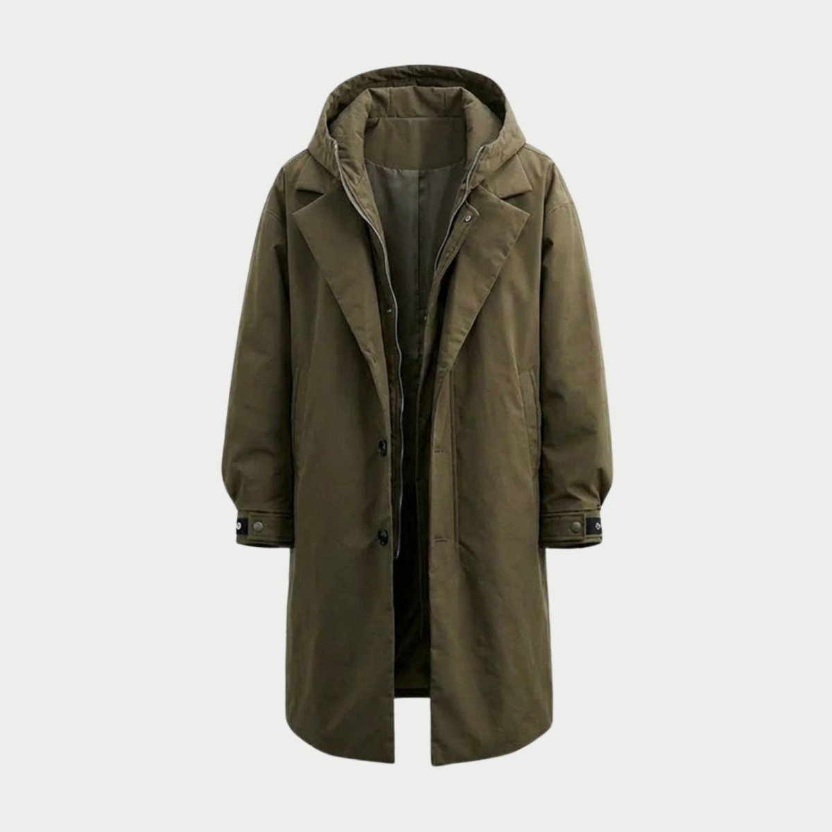 Studio product shot of the army green Kouvr Hartley  parka open, revealing the interior lining and button placket.
