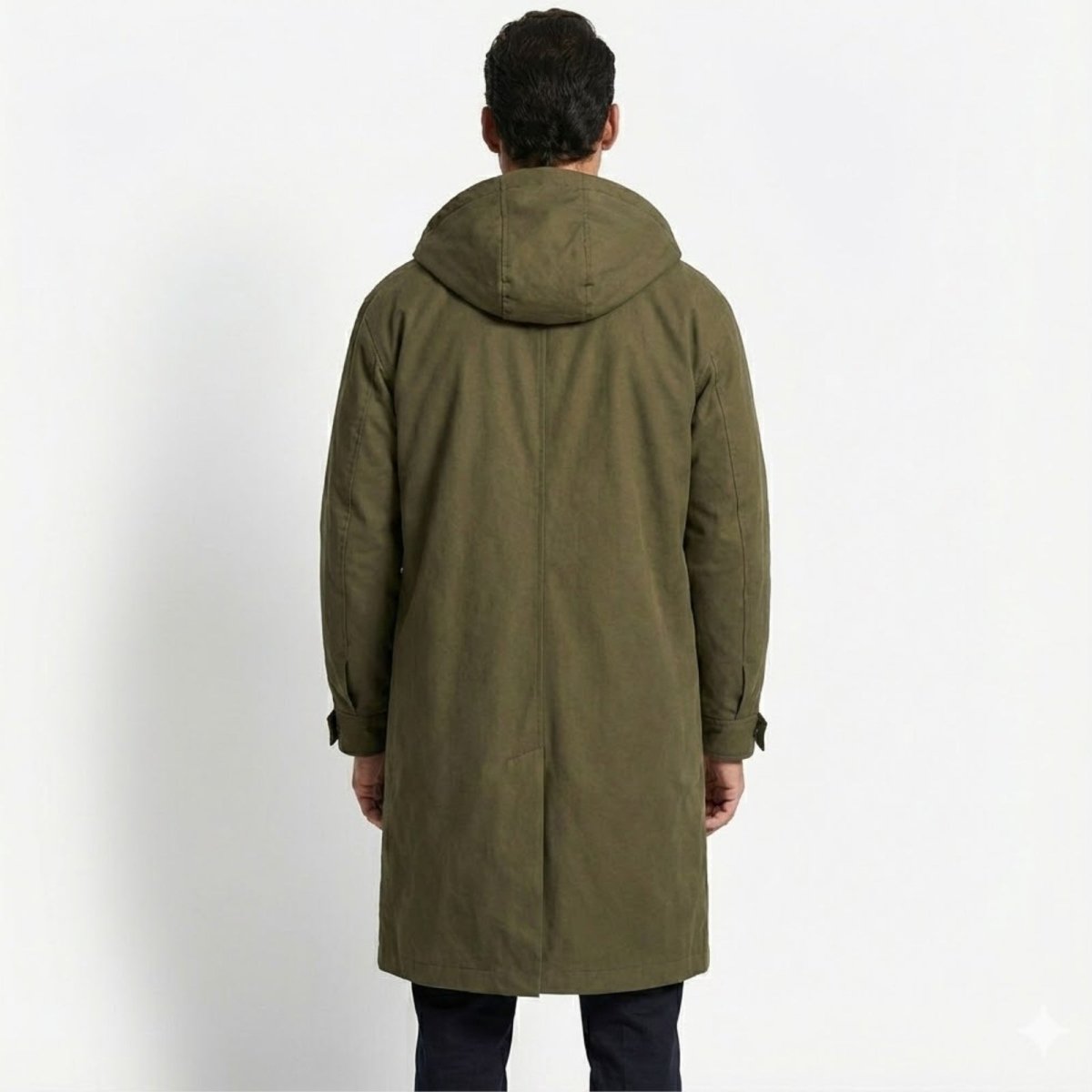 Back view of the Kouvr Hartley men's hooded parka in army green, detailing the hood shape and center vent.