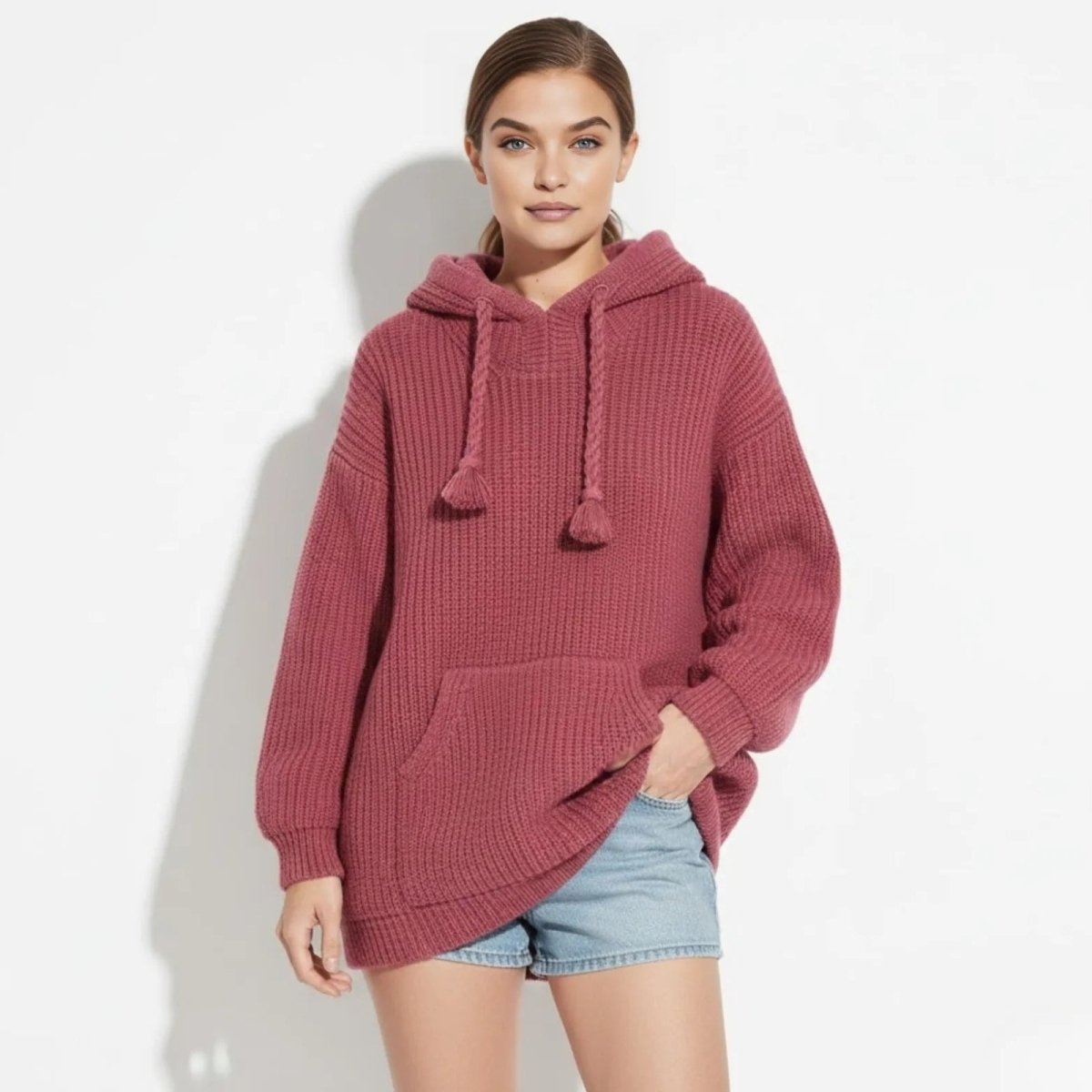  Model wearing the Kouvr Haven oversized chunky knit hoodie in dark pink, standing forward with one hand in the kangaroo pocket.