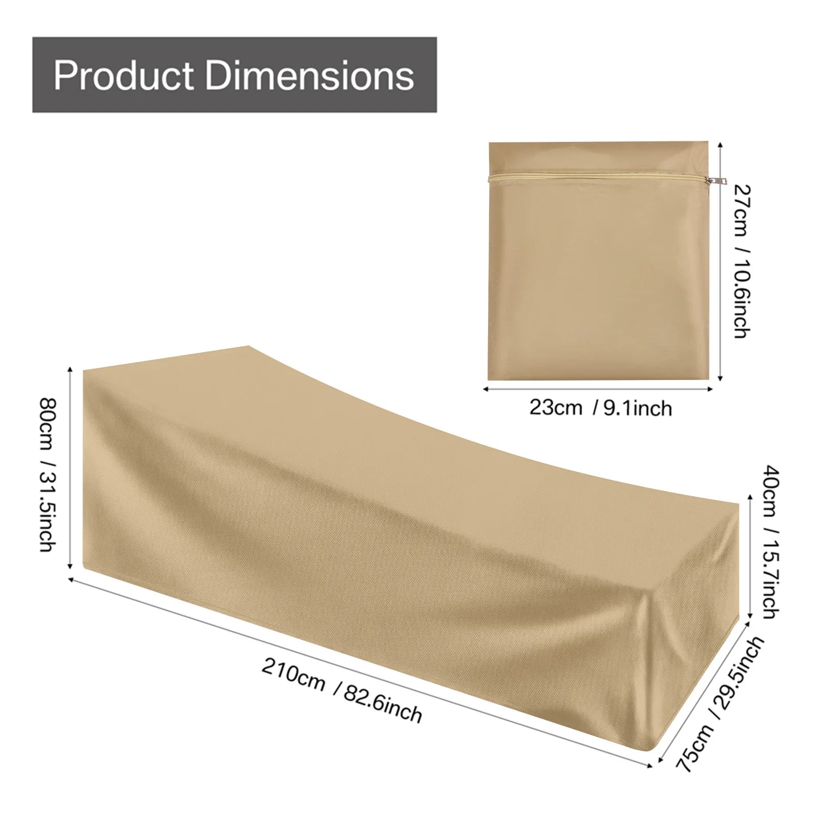 Beige waterproof patio lounge chair cover by Kouvr displaying tailored fit and exact measurements for outdoor living spaces.