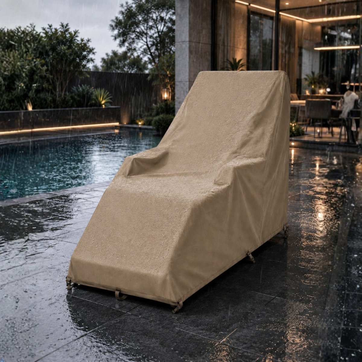 Beige heavy-duty outdoor patio chaise lounge cover by Kouvr showing product dimensions and matching storage bag.
