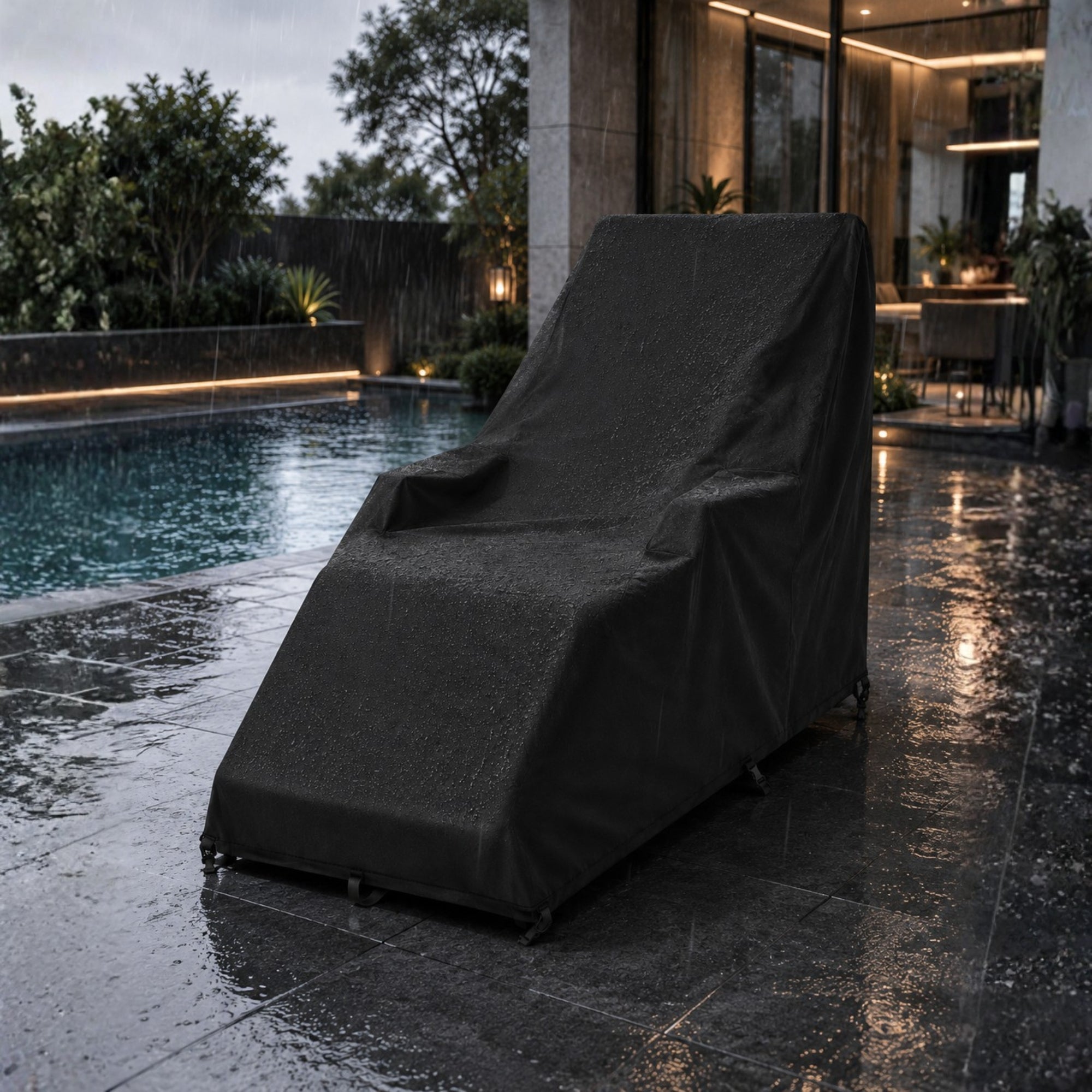 Black heavy-duty outdoor patio chaise lounge cover by Kouvr showing product dimensions and matching storage bag with rain outside.