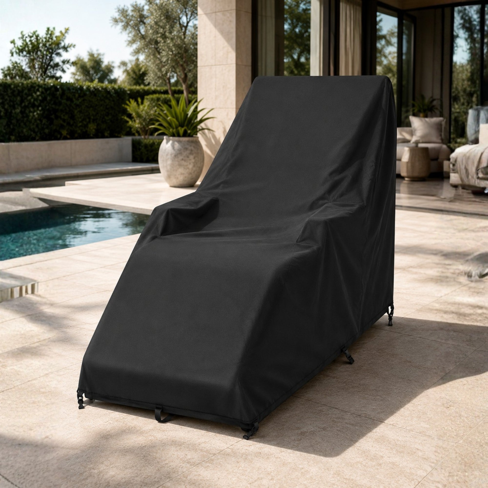 Black heavy-duty outdoor patio chaise lounge cover by Kouvr showing product dimensions and matching storage bag in sun