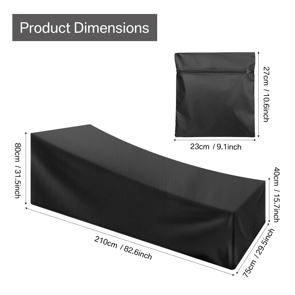 Black heavy-duty outdoor patio chaise lounge cover by Kouvr showing product dimensions and matching storage bag.