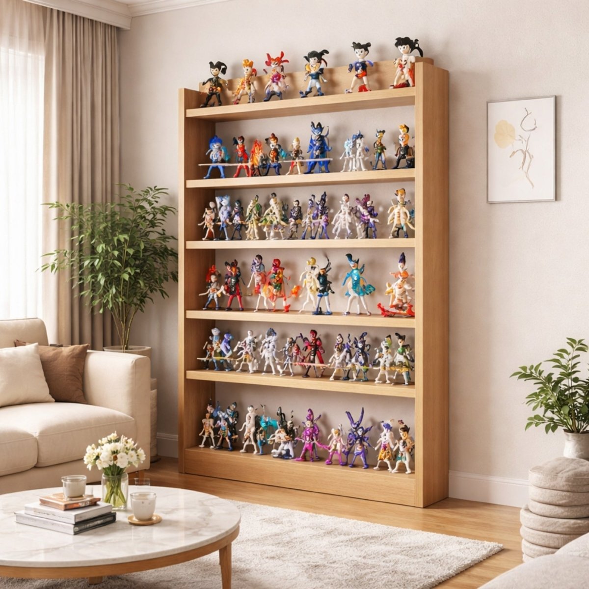 Kouvr Haven solid wood shallow wall shelf displaying anime figurines and collectibles, organized vertical storage for narrow spaces.