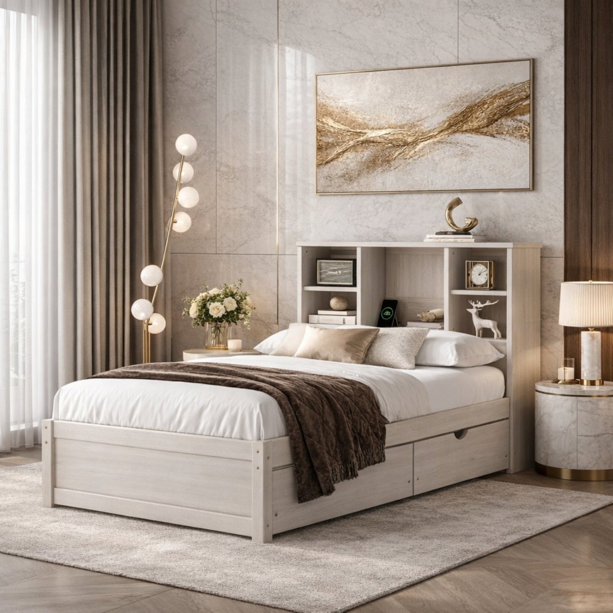 Structural view of the Kouvr platform bed displaying the supportive engineered wooden slats that eliminate the need for a box spring.