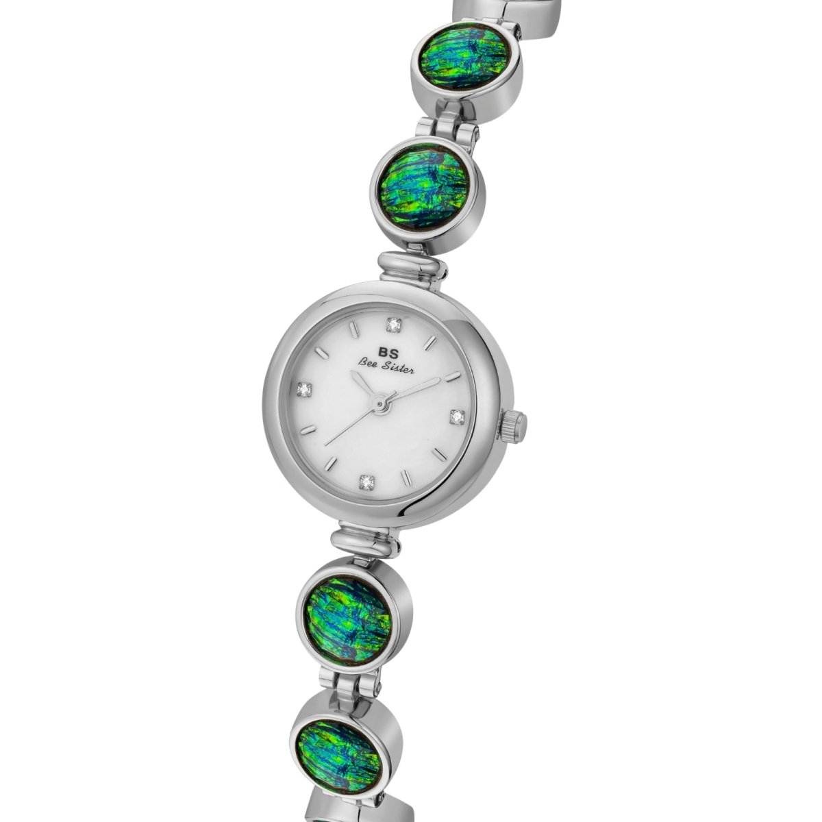 Silver watch with green gemstones on a white background