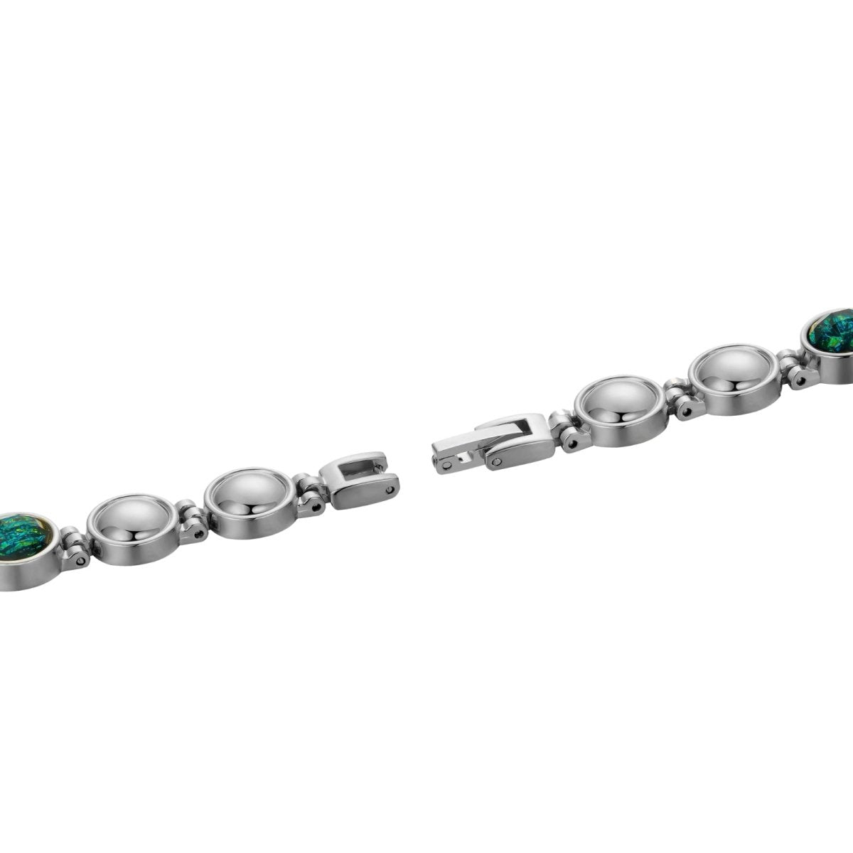 Silver kouvr bracelet with green gemstones on a white background