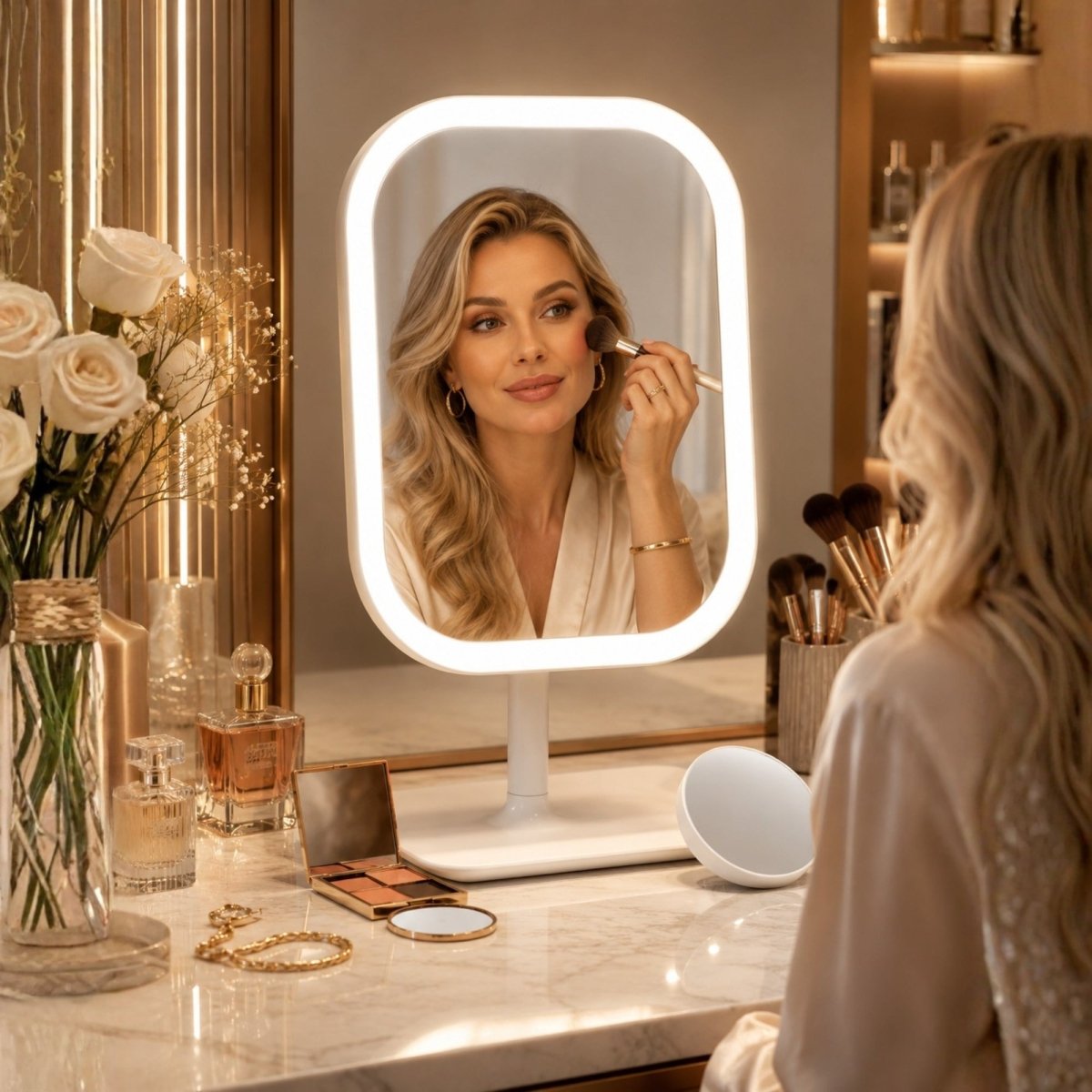 A blonde woman using the Kouvr HD tabletop cosmetic mirror with bright white halo ring lighting to apply blush with a makeup brush at her dressing table.