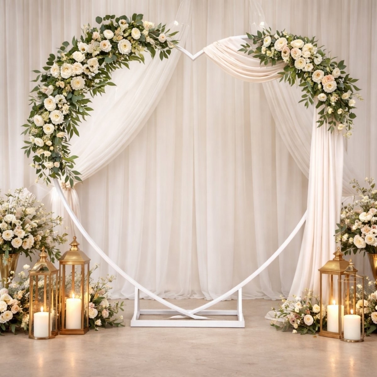 Elegant white heart-shaped wedding arch decorated with white roses, greenery, and draped chiffon fabric.