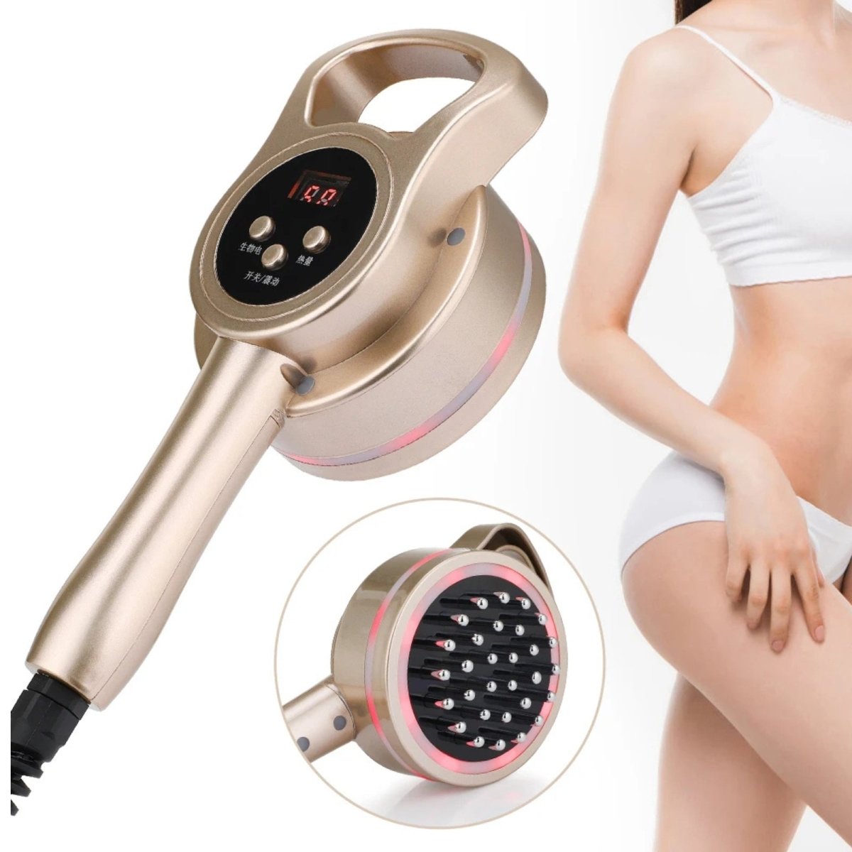 A close-up of the Kouvr electric body massager's LED display and control panel, with a detailed view of its 30 metal brush bristles.