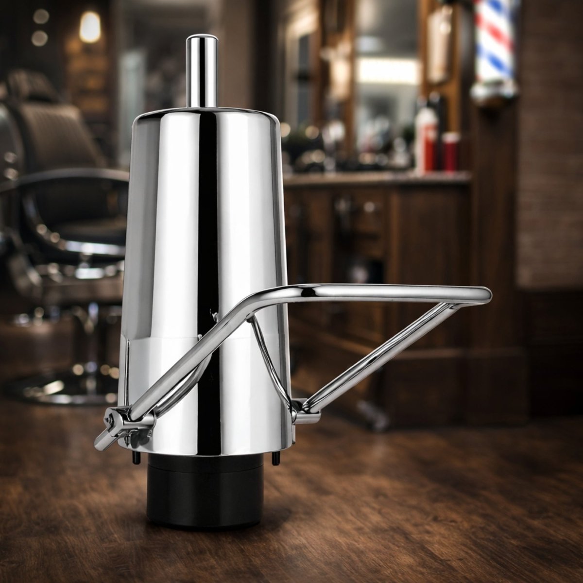 The Kouvr heavy-duty hydraulic pump for barber chairs, featuring a mirror chrome finish, shown in a classic, luxury barbershop setting.