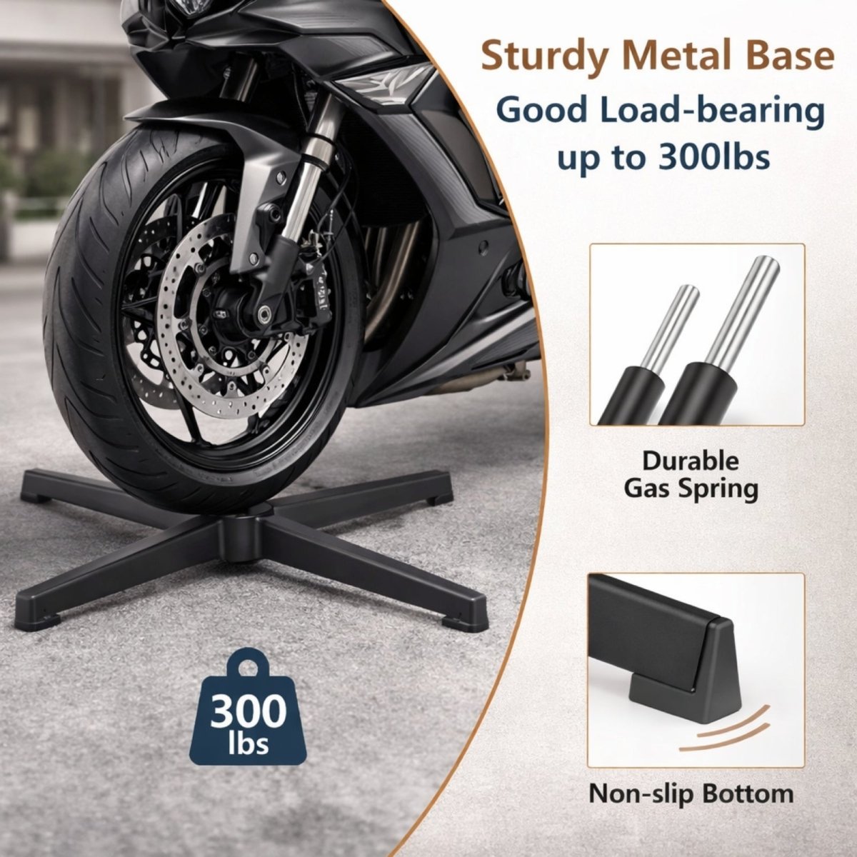 Detail shot of durable black metal cross base and non-slip bottom glides supporting up to 300lbs.
 