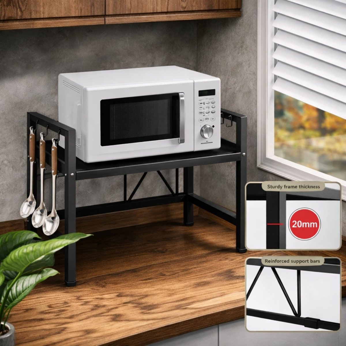 Black Kouvr heavy-duty microwave stand on a wood countertop with feature callouts for its 20mm sturdy frame and reinforced support bars.