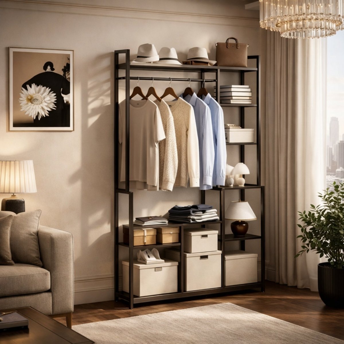 Kouvr industrial garment rack organized with neutral clothing, hats, and storage boxes, demonstrating boutique-style open closet organization.
