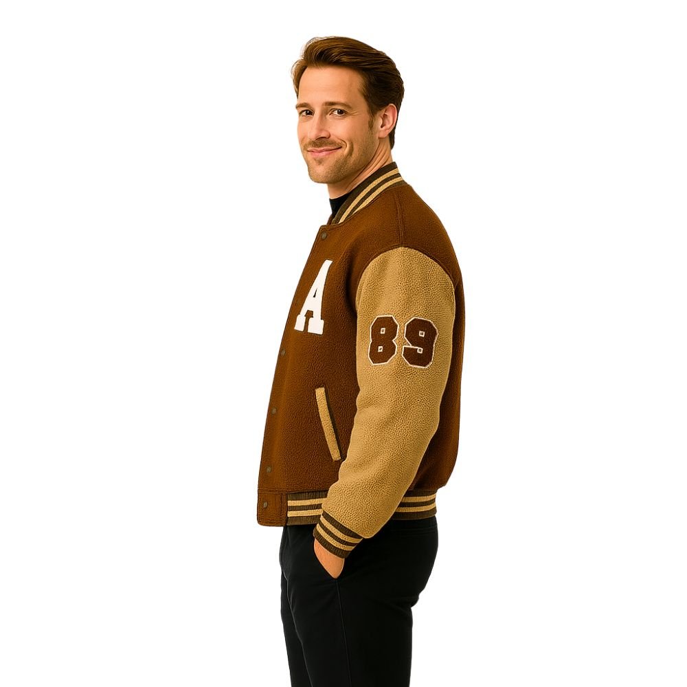 Kouvr men's brown sherpa fleece varsity jacket with white 'A' patch