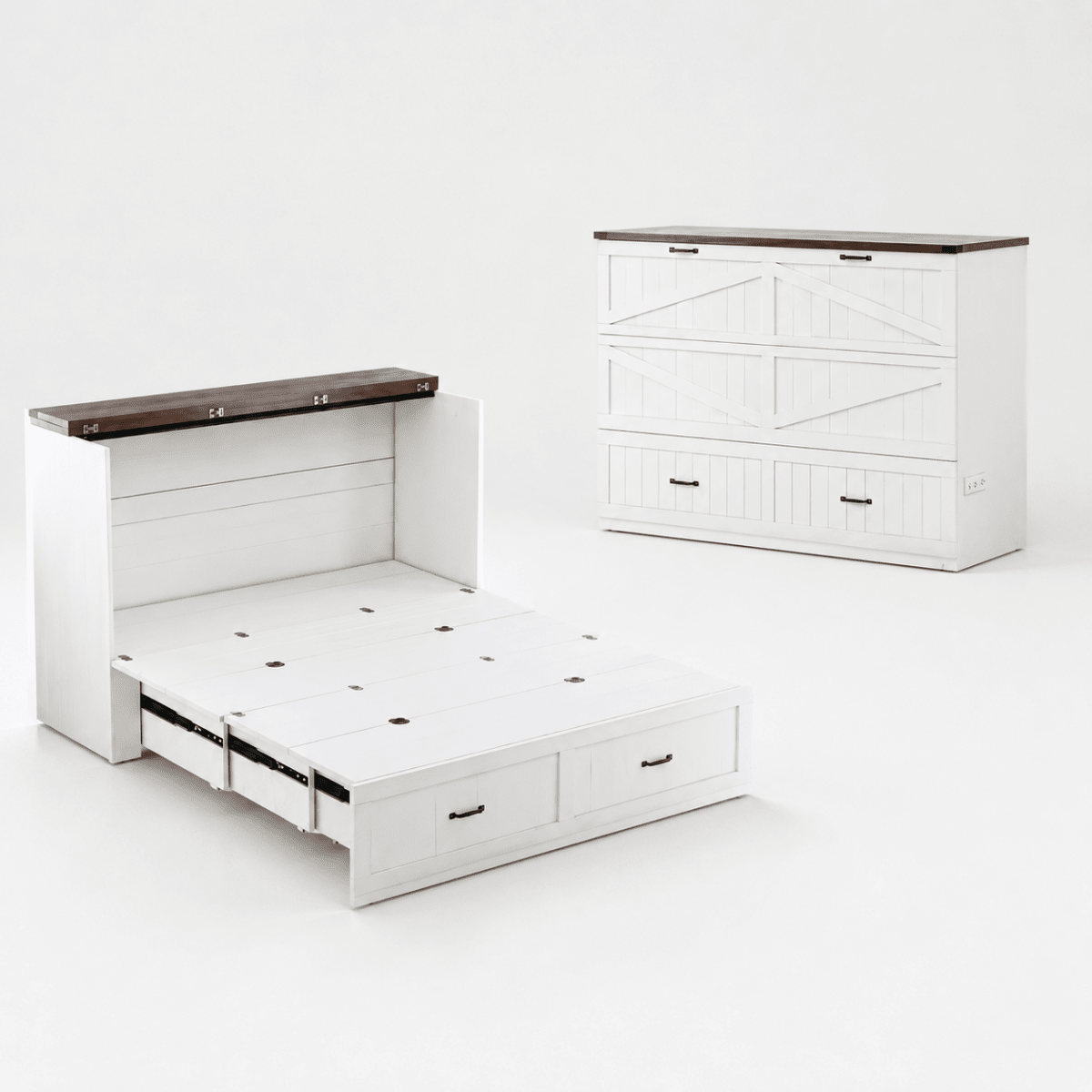 Hidden Murphy bed folded into a white beadboard credenza cabinet with a dark wood top.